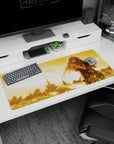 36x16 inches anime desk pad showing white-haired elf in leather armor embracing a battle-worn soldier.