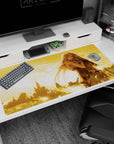 Long white-haired elf in leather armor hugs battle-worn soldier on anime desk pad 40x20 inches.