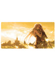 32x16 inches anime mouse pad with elf girl hugging soldier, leather armor, drifting light, castle backdrop.