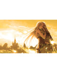 Anime desk pad 40x20 inches with elf girl hugging soldier at sunset, castle silhouette and drifting light.