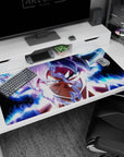 Large 40x20 inches desk pad featuring Goku’s Ultra Instinct, capturing the raw intensity and energy of his most powerful form from Dragon Ball Super.