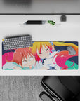 32x12 inches anime girl mouse pad in warm pinks and sunny yellows, cozy blushy vibe for cute desk setup.