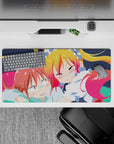 Pink and yellow cozy anime girl mouse pad 32x16 inches on deep navy backdrop, cute mischievous vibe.