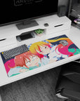 36x16 inches Miss Kobayashi's Dragon Maid desk pad, Tohru snuggling close as Kobayashi blushes.