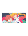 28x12 inches anime girl mouse pad with Tohru and Kobayashi cuddle art, navy backdrop and clean lines.
