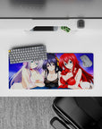 Anime mouse pad 28x12 inches featuring Rossweisse, Akeno, and Rias from High School DxD under a purple sky.