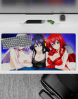 Mouse pad 32x16 inches featuring Rossweisse, Akeno, and Rias from High School DxD under a purple sky, enhancing any desk.
