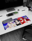Mouse pad featuring Rossweisse, Akeno, and Rias from High School DxD, 32x12 inches, under a dreamy purple sky.