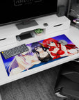 High School DxD desk pad 36x16 inches featuring Rossweisse, Akeno, and Rias under a purple sky, adding charm and elegance.