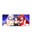 Mouse pad featuring Rossweisse, Akeno, and Rias from High School DxD under a purple sky, size 28x12 inches.
