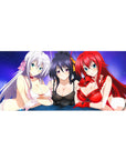 Anime desk pad 36x16 inches featuring Rossweisse, Akeno, and Rias from High School DxD under a purple sky, blending elegance and charm.