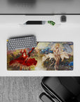 28x12 inches anime girl mouse pad in cozy blues and gold light with floral bursts and drifting petal confetti.