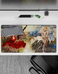 Cozy blue-and-gold anime girl mouse pad 32x16 inches with crimson and ivory outfits and drifting confetti.