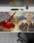 Cozy fantasy anime desk pad 40x20 inches in painterly blues and gold light with drifting petal confetti.