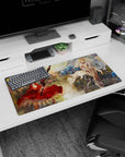 Two blonde sword heroines in crimson dress and ivory frills on an anime girl mouse pad 32x16 inches.