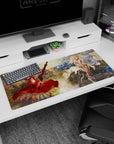 36x16 inches anime girl desk pad showing two blonde swordgirls, crimson gown and winglike ivory outfit.