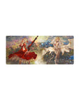 28x12 inches anime girl mouse pad with two blonde heroines, crimson dress and ivory frills, swords and petals.