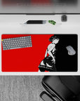 Anime mouse pad featuring Makoto Nijima from Persona 5, 32x16 inches, in bold black and red, showcasing iconic pose and dramatic lighting.