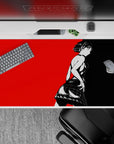 Anime desk pad featuring Makoto Nijima from Persona 5, bold black and red design, size 40x20 inches, dramatic and iconic.