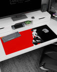 Makoto Nijima Persona 5 anime desk pad 36x16 inches, black-red, sleek design, bold contrast, iconic pose, dramatic flair.