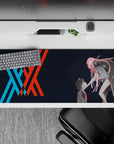 Striking 36x16 desk pad highlights Hiro and Zero Two's bond with bold lines and meaningful artistry
