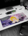 Fox-eared anime girl desk pad 36x16 inches, blonde hair with flower clip and squishy smile.