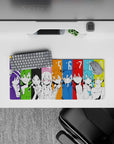 28x12 inches anime desk mat in neon violet, lime, and sky blue, with an electric, high-contrast vibe.