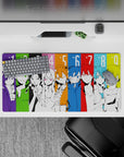 Vibrant anime mouse pad 32x16 inches in neon yellow, lime, violet, and sky blue, electric mood.