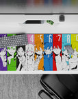 36x16 inches anime desk pad in neon violet, lime, sky blue, and yellow with intense portraits.