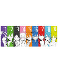 Anime mouse pad 32x12 inches with nine black-and-white portraits in bold color block panels.