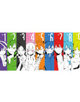Anime desk pad 36x16 inches with nine black-and-white portraits in bold color-block panels.