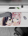 Striking 36x16 mouse pad highlights Zero Two’s sharp glare, playful smirk, and intricate details in stunning visual contrast