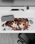 Megumin and Yunyun from Konosuba on a 32x12 inches anime mouse pad, featuring chibi Chomusuke and playful school chaos.