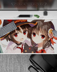 Megumin and Yunyun from Konosuba on a 40x20 inch anime mouse pad, featuring chaos-filled friendship and chibi Chomusuke.