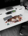 Megumin and Yunyun from Konosuba clash on a 28x12 inch anime mouse pad, featuring chibi Chomusuke and vibrant school chaos.