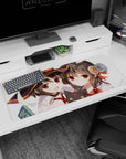 Megumin and Yunyun from Konosuba on 36x16 inch anime mouse pad, featuring vibrant reds and chibi Chomusuke for a magical touch.