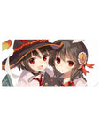 Megumin and Yunyun from Konosuba on a 32x16 inch anime mouse pad, featuring friendship chaos and chibi-style Chomusuke.