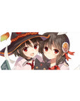 Megumin and Yunyun from Konosuba on a 36x16 inch anime mouse pad, showcasing their chaotic friendship in vibrant colors.