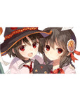 Megumin and Yunyun from Konosuba on 40x20 inches anime mouse pad, featuring chibi Chomusuke and vibrant magical chaos.