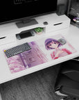 Shy anime girl with glossy dark bob and rosy cheeks under cherry blossoms mouse pad 32x16 inches.