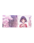 Anime girl mouse pad 28x12 inches with sakura petals, lavender sky, and soft cityscape backdrop.