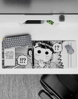 32x12 inches monochrome anime desk mat with cute blushing expression and playful comic chaos vibe.