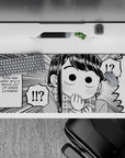 36x16 inches black-and-white manga desk pad, cute blushing vibe with playful chaos and crisp ink lines.