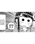 40x20 inches anime girl desk pad with Komi manga panel style, speed lines, and !!? speech bubbles.