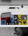 Crimson, icy blue, black monochrome, and gold armor anime girl mouse pad, playful vibe, 32x12 inches.