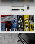 32x16 inches anime girl mouse pad in crimson, icy blue, monochrome black, and sunshine gold; bold, playful vibe.