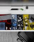 36x16 inches anime desk pad in crimson, icy blue, monochrome black, and sunshine gold for playful chaos.