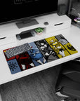 32x16 inches anime girl mouse pad showing four fierce heroines lined up: red cloak, blue frills, black bow, gold armor.
