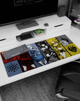36x16 inches anime desk pad showing four fierce girls lined up, cloaks, frills, catlike bow, golden armor.