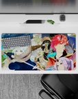 32x16 inches anime mouse pad in warm oranges and icy blues, crisp lines and magic splash energy.